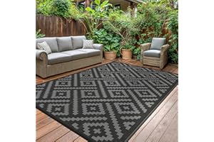 GENIMO GENlMO Outdoor Teppich Wetterfest 240x300cm Picknickdecke Plastik-Strohhalm Matte UV-bestandig Camping Teppich Waschbarer Outdoor Teppiche fur Garten, Balkon,Pool, Deck, Hinterhof, Schwarz & Grau