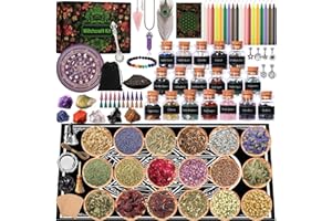 ZZXLOPEZ Witchcraft Starter Kit, Hexen Zubehör mit Kerzen, Trockenblumen, Amethyst Pendel, Kristalle, Holztafeln, Pergamentpapier, Getrommelte Edelstein-Kristallchips für Chimes,Magie,Hexerei,Rituale