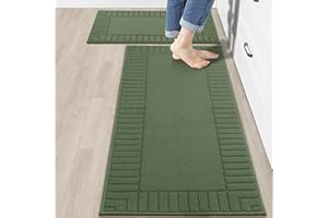 BEQHAUSE Kitchen Rugs Washable Kitchen Mats Floor Non-Slip Kitchen Mats Absorbent Kitchen Runner with TPR Non Skid Backing,Set of 2(50X76cm+50X122cm,Green)