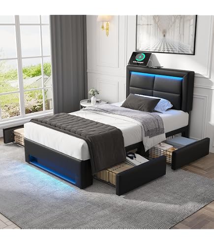 KOMHTOM Lit Coffre 90x200 Cadre de lit avec sommier à Lattes et tête de