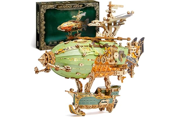 FUNPOLA LED Puzzle 3D en Bois Modèle de dirigeable - Steampunk Maquette en Bois à Construire avec lumières LED - Construction de maquettes de dirigeables pour Adultes (Vert)