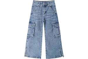 KIDSCOOL SPACE Big Girls' Cargo Jeans with Flap Pocket, Wide Leg and Split Hem Boyfriend Denim Trousers,Black,4-14 Years
