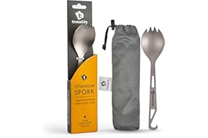 Cuillère-fourchette en un avec décapsuleur fort et ultra léger, sain et écologique, ustensile avec embout décapsuleur pour voyager/camper avec un étui en tissu facile à ranger (Spork 1 Unit)