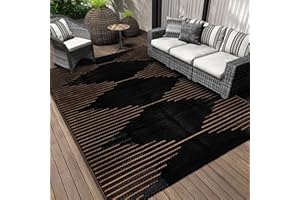 Falflor Large Outdoor Rug 240x300cm for Garden Outdoor Carpets for Patio Waterproof Reversible Patio Rug Plastic Picnic Blanket UV Resistant Floor Mat for Beach Camping RV Deck(Black with Tan)