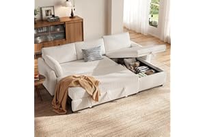 HOMRELEXA Ecksofa mit Schlaffunktion, Cord-Bezug Schlafcouch in L-Form, Schlafsofa Ausziehbar, Ausziehbares Sofa mit Stauraum, Umkehrbare Chaiselongue (Links & rechts), fürs Wohnzimmer, Cremeweiß