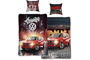 BERONAGE VW Volkswagen Golf Bettwäsche GTI Rot / Grau 135 cm x 200 cm + 80 cm x 80 cm Oldtimer 100% Baumwolle in Renforcé-Linon-Qualität Race Wörthsee Auto-Car 2 Motive Wendebettwäsche Reißverschluss 088