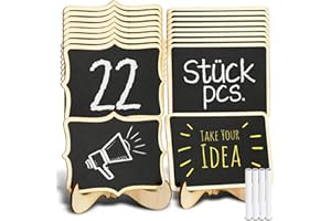 Tritart - Minipizarras con soporte, 22 pizarras de madera para decoración de mesas de cumpleaños o bodas, para menús y bufés, incluye 4 tizas