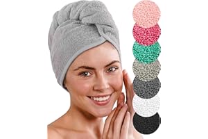 LAYNENBURG 2 Pezzi Asciugamano Turbante Deluxe con Bottone per Capelli Corti e Lunghi - Spugna di Cotone - 8 Lacci per Capelli Gratis - Asciugatura Rapida e asciugacapelli Super Assorbente (Grigio)