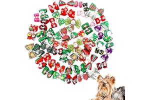 BIPY 50Pcs Christmas Dog Hair Bows with Rubber Bands for Small Dogs Cats Puppy Xmas Tree Santa Claus Snowman Topknot Holidays Festival Pet Assorted Grooming Accessories Random Color