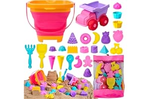 Sloosh Juego de juguetes de arena de playa, moldes de arena para viajes, con auto, camión, cubos plegables, palas de arena, juegos de moldes de helado de castillo con bolsa de malla, juguetes de caja