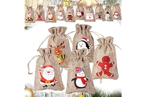 Sacchetti Iuta Natalizi, Fyvadio 16Pcs Sacchetto Regalo di Natale con Coulisse, Riutilizzabile Christmas Bag, con Pupazzo di Neve, Babbo Natale, Renna, Pinguino Modello, Sacchetti Juta per Natale
