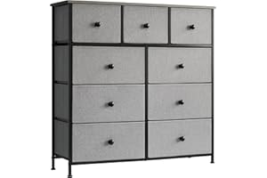 LYNCOHOME Chest of Drawer Bedroom, 9 Drawers Dresser with Deep and Large Drawers, Fabric Storage Drawers Easy to Assemble, for Bedroom, Kids room, Living room, Closet,Grey