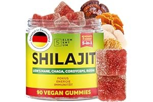 5 ELEMENTUM Gummies Naturelles Shilajit – 90 Pièces | 2200 mg – Gummies Premium Shilajit avec Crinière de Lion, Reishi, Chaga & Cordyceps – Shilajit de l’Himalaya pour Énergie & Vitalité, Saveur Cerise