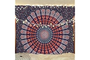 Bless International Indischer Hippie Bohemian Psychedelic Peacock Mandala Wandbehang Bettwäsche Tapisserie (Golden Blue White, Queen (213x288Inches) (215x230Cms))