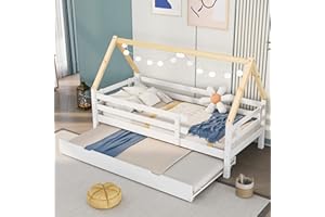 Azkoeesy Cama Infantil con Cama Nido, Forma de casa, 90 x 200 cm, para 2 niños y Adulto, con protección anticaídas y somier, Pino, Blanco
