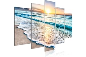 decomonkey Quadro Stampa su Tela moderno Mare 200x100 cm 5 pezzi Murale Fotografia Immagini Decorazione da parete Grafica Tramonto Paesaggio Spiaggia Onde Sole blu
