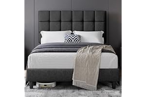 Yaheetech 4ft6 Double Bed Frame Upholstered Platform Bed with Adjustable Square Tufted Headboard/Linen Fabric/Sturdy Wooden Slat Support/No Box Spring Needed, Dark Grey Double Bed