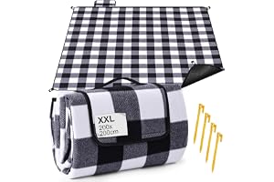 Gucass Picknickfilt, Vattentät 200 x 200 cm, Picknickfilt Med Bärhandtag, Vikbar Strandmatta, Sandfri, Utomhus, Tvättbar, BBQ, Vandring, Resor, Campingfilt (Svart-Vitt Rutnät)