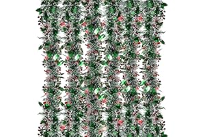 GEBETTER 6Pcs x 2m Guirnaldas Navidad, Espumillon Árbol Navidad, Oropel Hojas Verdes Bayas Rojas, Decoración Navideña Adorno Escalera Chimenea Pared Techo Ventana Hogar Fiesta Regalo (Verde Blanco)