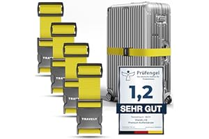Travely® Pas do walizki premium - wyjątkowo rzucający się w oczy i bezpieczny - w zestawie 2 tabliczki z imieniem - pasek do walizki idealny nad krzyżem - [zestaw 4 szt.] - żółty