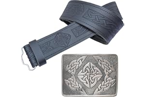 KILT MANIA Kilt Belt and Buckle Set — Celtic Embossed Leather Kilt Belt with Handcrafted Pewter Buckle featuring Celtic Square Design, Perfect for Men’s Scottish Kilts