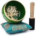 Ajuny Bol Chantant En Laiton Avec Arbre De La Vie Inclut Gréviste & Coussin | Fait Main Bol Bol Chantant Para Méditation Yoga Thérapie Sonore Guérison Chakras Soulagement Du Stress Relaxation, Doré Vert