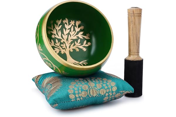 Ajuny Bol chantant bouddhiste tibetain - Arbre de vie - Son de meditation vert OM Bell - 4 pouces de diametre pour accessoires de relaxation et de meditation - Baton et coussin inclus