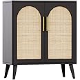 Rovaurx Rattan Storage Cabinet with Doors, Accent Bathroom Floor Cabinet, Modern Sideboard Buffet Cabinet for Living Room, Entryway, Dining Room and Kitchen, Black and Natural BMGZ108BM