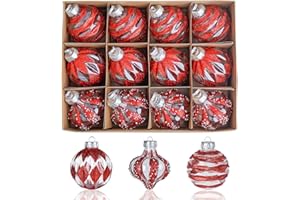 HOMEWIT Ozdoby choinkowe, zestaw 12 sztuk, 8 cm, bombki boonarodzeniowe ze szka, czerwone ornamenty na Boe Narodzenie, przezroczyste bombki choinkowe, dekoracja boonarodzeniowa