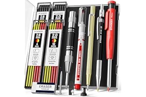 STAGEEK 14 Pack Carpenter Pencil Set with Sharpener, Mechanical Carpenter Pencils with 60 Refills, Deep Hole Long-Nib Marker Pens, Carbide Scribe Tool & Construction Pencils for Architect with Case