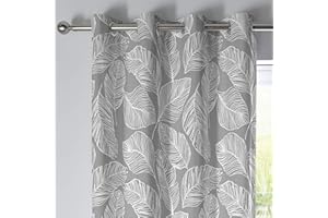 Fusion Matteo Grey Leaf Print Drapes – W46 x L54 (117x137cm) – 100% Cotton – 2 Panels – Tropical Botanical Window Dressing for Bedroom/Living Room – Soft Grey Panel Pair – Eyelet Heading