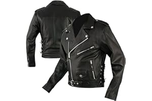 WinNet Giacca modello chiodo di pelle in stile moto custom vintage con protezioni removibili (L)