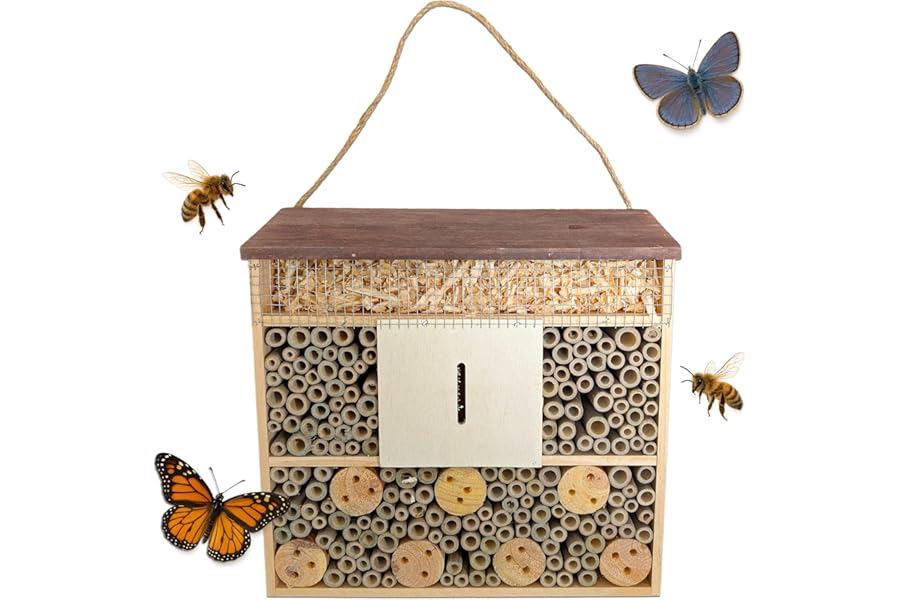 Large Hanging Insect House – Bee & Butterfly Hotel with Bamboo, Drilled Wood & Shavings – Pollinator Nesting Box – Bug Shelter for Gardens