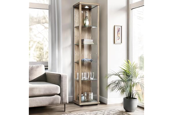 K-Möbel glasvitrin i Sonoma ek (176x37x33 cm) med 4 justerbara glashyllor, LED - modellbilvitrin Sonoma ek - vitrinskåp - samlarvitrin - vardagsrumsskåp hylla