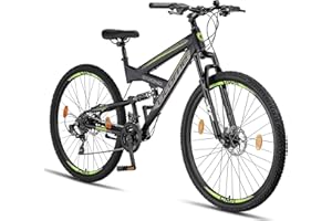 Licorne Bike Strong 2D Premium Rudergerät górski Rudergerät dla chłopców, dziewcząt, kobiet i mężczyzn – hamulec tarczowy z przodu iz tyłu – 21-biegowa przekładnia – pełne zawieszenie (czarny, 29 cm)