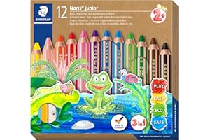 STAEDTLER Noris Junior 140 C12 Lápiz de color extra grueso 3 en 1: lápiz de color, cera y lápiz acuarelable. Estuche con 12 lápices de colores surtidos + afilalápices