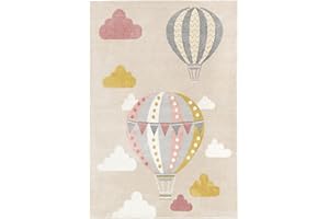 ‎RUGVISTA RugVista, Balloon Ride, Kinderzimmer Teppich, 160 x 230 cm, Kinderteppich für Kinder, Spielteppich für Babys, Modernes Design, Kurzflor, keine schädlichen Stoffe, Beige/Rosa