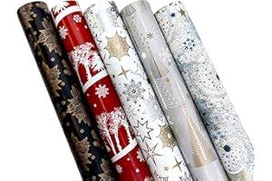 ‎ARTWELTEN HOME & STYLE Weihnachts Geschenkpapier Weihnachtspapier 5 Rollen a`2m x 70cm Geschenkverpackung für Weihnachten Schwarz Rot Blau Sterne Tannenbäume Merry Christmas