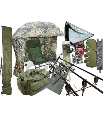 Full Carp Fishing Set Up Complete With 2 Rods Reels Alarms Landing Net Tackle EB