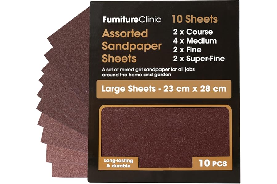 Furniture Clinic Assorted Sandpaper | 10 Large Sheets For Walls, Metal, Wood & Furniture for Hand, Sanding Block or Sander Use | Coarse, Medium, Fine Sand Paper Pack (P40, P80, P120, P240)