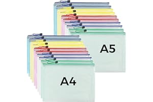 KOOSREEL Pochette Document Zippée A4,A5, 20PCS PVC Transparentes Document Dossier,Pochette Plastique 5 Couleurs,Ranger Papiers petits Objets des Fournitures,Cosmétiques et Accessoires de Voyage etc