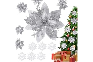 EJunee 12 Pcs Christmas Glitter Poinsettia Flower, Artificial Christmas Tree Flower with 6Pcs Glitter Snowflake Ornaments Decoration for Xmas Tree Wedding Party Wreath Decoration (Silver)