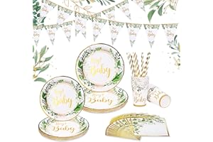 DAOUZL Vaisselle Fête Baby, 81 Pièces Baby Shower Decoration, Vaisselle Anniversaire, Assiettes Aanniversaire, Assiette Jetable Vert Sauge Kit avec Assiette Tasse Serviette Paille Bannière,16 invités