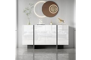 Azkoeesy Aparador de 150 cm con 4 cajones y 3 Puertas en Color Blanco Brillante y Negro para Salón y Comedor, Material de aglomerado