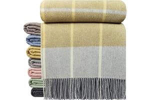 STTS International Kaschmir Decke Wolldecke Wohndecke 100% Wolle - Kaschmir - Mix 140 x 200 cm sehr weiches Plaid Kuscheldecke Faro (Gelb-Grau (Karo))