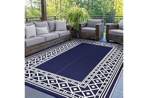GENIMO Outdoor Teppich, 150 x 240 cm, Wasserdicht, Wendbar, Waschbar, UV-beständige Moderner, GroßEr Teppich für Terrasse, Garten, Wohnmobil, Picknick, Hinterhof Balkon, Weiß Blau
