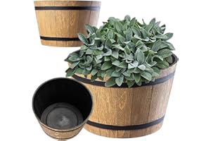 KADAX Pot de Fleurs en Plastique pour l'Intérieur et l'Extérieur, Grand Cache Pot avec Imitation Bois et Design Élégant en Forme de Tonneau (30 cm, Marron Clair)