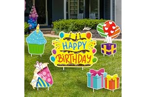 WATINC Set of 5 Happy Birthday Yard Signs with Stakes Birthday Cake Cupcake Balloon Gift Box Waterproof Lawn Sign Large Single Sided Outdoor for Colorful Birthday Party Decorations