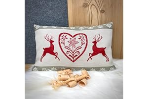 Gaidra Cuscino con Fiocchi di cirmolo - Jacquard in 100% Cotone - qualitá Artigianale dall' Alto Adige - Stile Tirolese - Cervi e Cuore