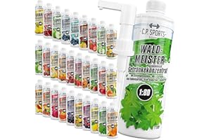 C.P.SPORTS C.P. Sports Getränkesirup zuckerfrei, aspartamfrei, kalorienfrei 1:80 (ca. 80 Liter Fertiggetränk) + Dosierpumpe – Carnitin & Vitamine – Getränkekonzentrat Konzentrat Sirup – 1 Liter Waldmeister